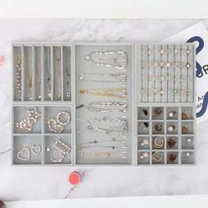 Fixwal Jewelry Tray, Set of 5 Jewelry Tray for Drawer, 14in Stackable Jewelry Organizer, Jewelry Storage for Earring, Necklace, Bracelet, Watch with Removable Divider, Grey - 4