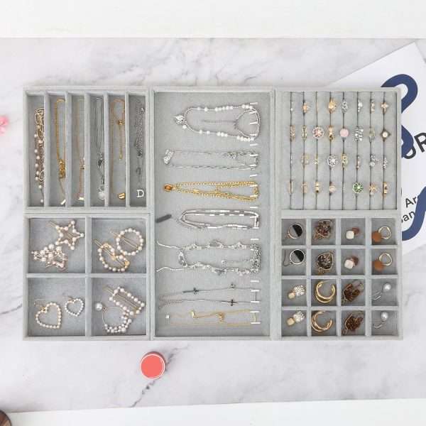 Fixwal Jewelry Tray, Set of 5 Jewelry Tray for Drawer, 14in Stackable Jewelry Organizer, Jewelry Storage for Earring, Necklace, Bracelet, Watch with Removable Divider, Grey - 4
