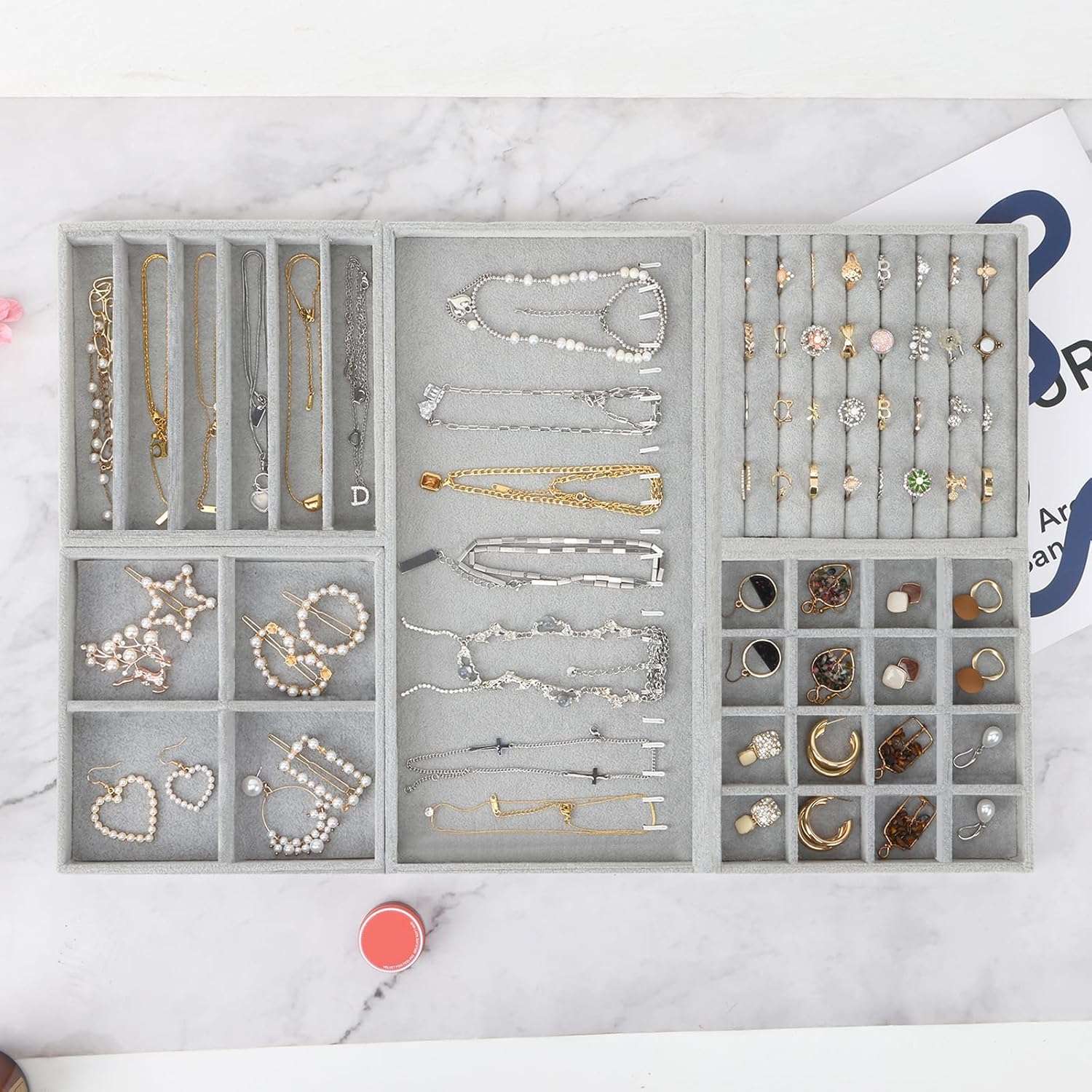 Fixwal Jewelry Tray, Set of 5 Jewelry Tray for Drawer, 14in Stackable Jewelry Organizer, Jewelry Storage for Earring, Necklace, Bracelet, Watch with Removable Divider, Grey - 4