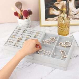Fixwal Jewelry Tray, Set of 5 Jewelry Tray for Drawer, 14in Stackable Jewelry Organizer, Jewelry Storage for Earring, Necklace, Bracelet, Watch with Removable Divider, Grey - 6