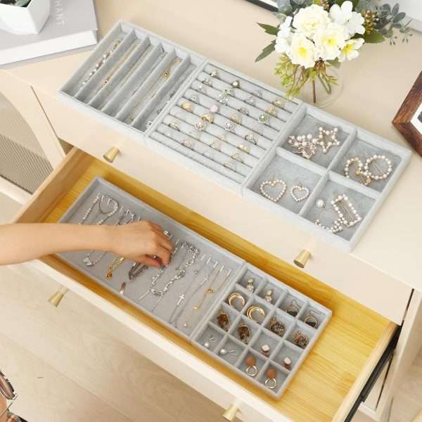 Fixwal Jewelry Tray, Set of 5 Jewelry Tray for Drawer, 14in Stackable Jewelry Organizer, Jewelry Storage for Earring, Necklace, Bracelet, Watch with Removable Divider, Grey - 7