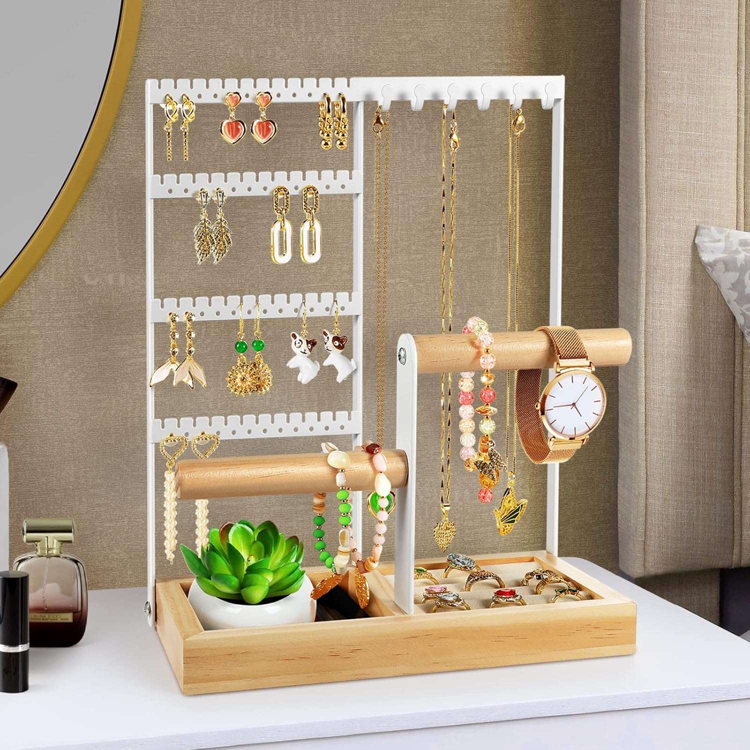 Godboat Jewelry Organizer, 4-Tier Earring Holder Organizer with 48 Holes, 6 Hooks Necklace Organizer, Wood Box for Bracelet & Ring, Mothers Day Gifts for Women, Cool Preppy Stuff & Room Decor - 1