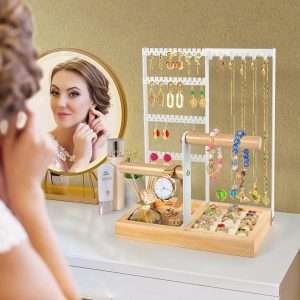 Godboat Jewelry Organizer, 4-Tier Earring Holder Organizer with 48 Holes, 6 Hooks Necklace Organizer, Wood Box for Bracelet & Ring, Mothers Day Gifts for Women, Cool Preppy Stuff & Room Decor - 2