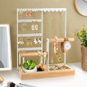 Godboat Jewelry Organizer, 4-Tier Earring Holder Organizer with 48 Holes, 6 Hooks Necklace Organizer, Wood Box for Bracelet & Ring, Mothers Day Gifts for Women, Cool Preppy Stuff & Room Decor - 3