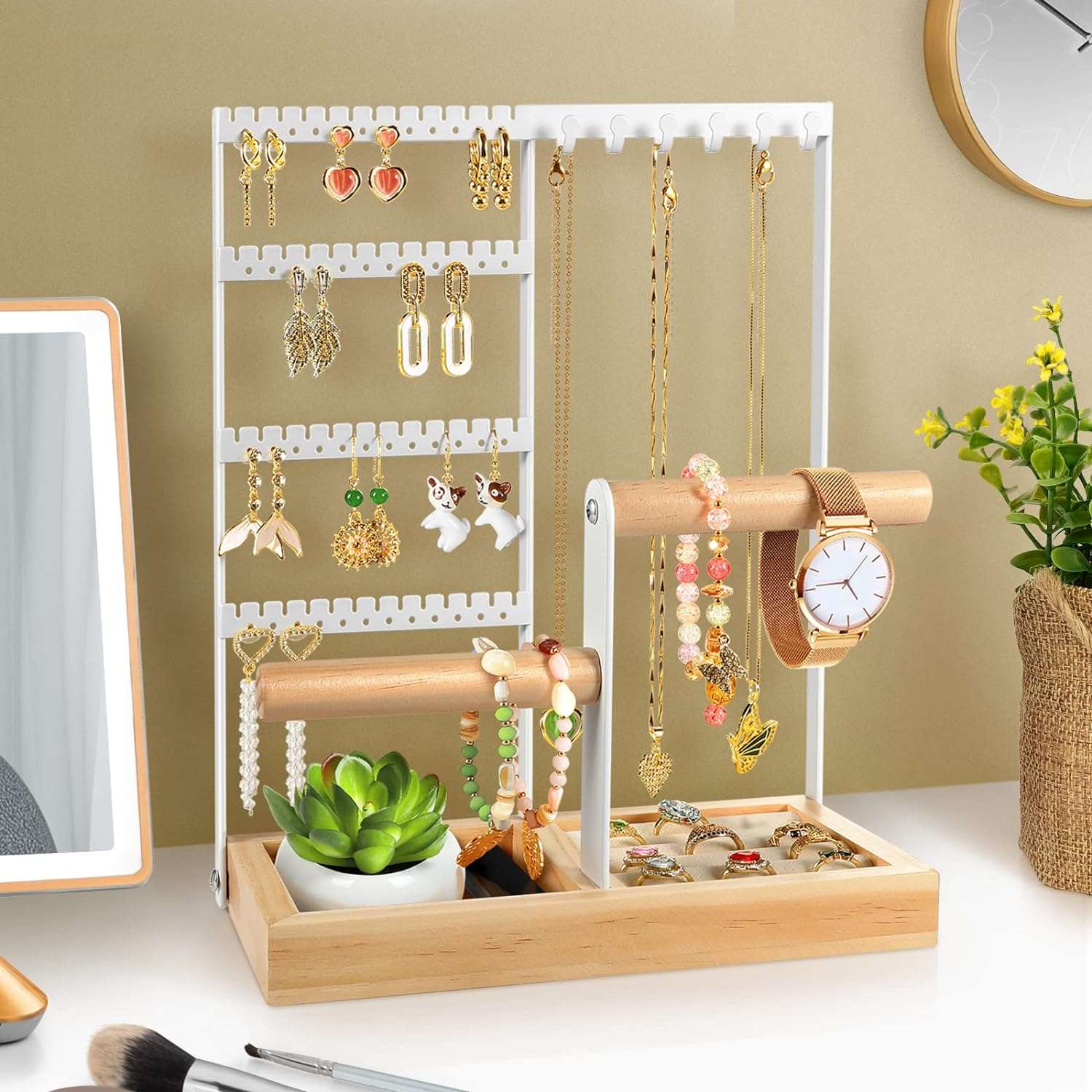 Godboat Jewelry Organizer, 4-Tier Earring Holder Organizer with 48 Holes, 6 Hooks Necklace Organizer, Wood Box for Bracelet & Ring, Mothers Day Gifts for Women, Cool Preppy Stuff & Room Decor - 3