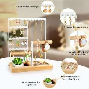 Godboat Jewelry Organizer, 4-Tier Earring Holder Organizer with 48 Holes, 6 Hooks Necklace Organizer, Wood Box for Bracelet & Ring, Mothers Day Gifts for Women, Cool Preppy Stuff & Room Decor - 5