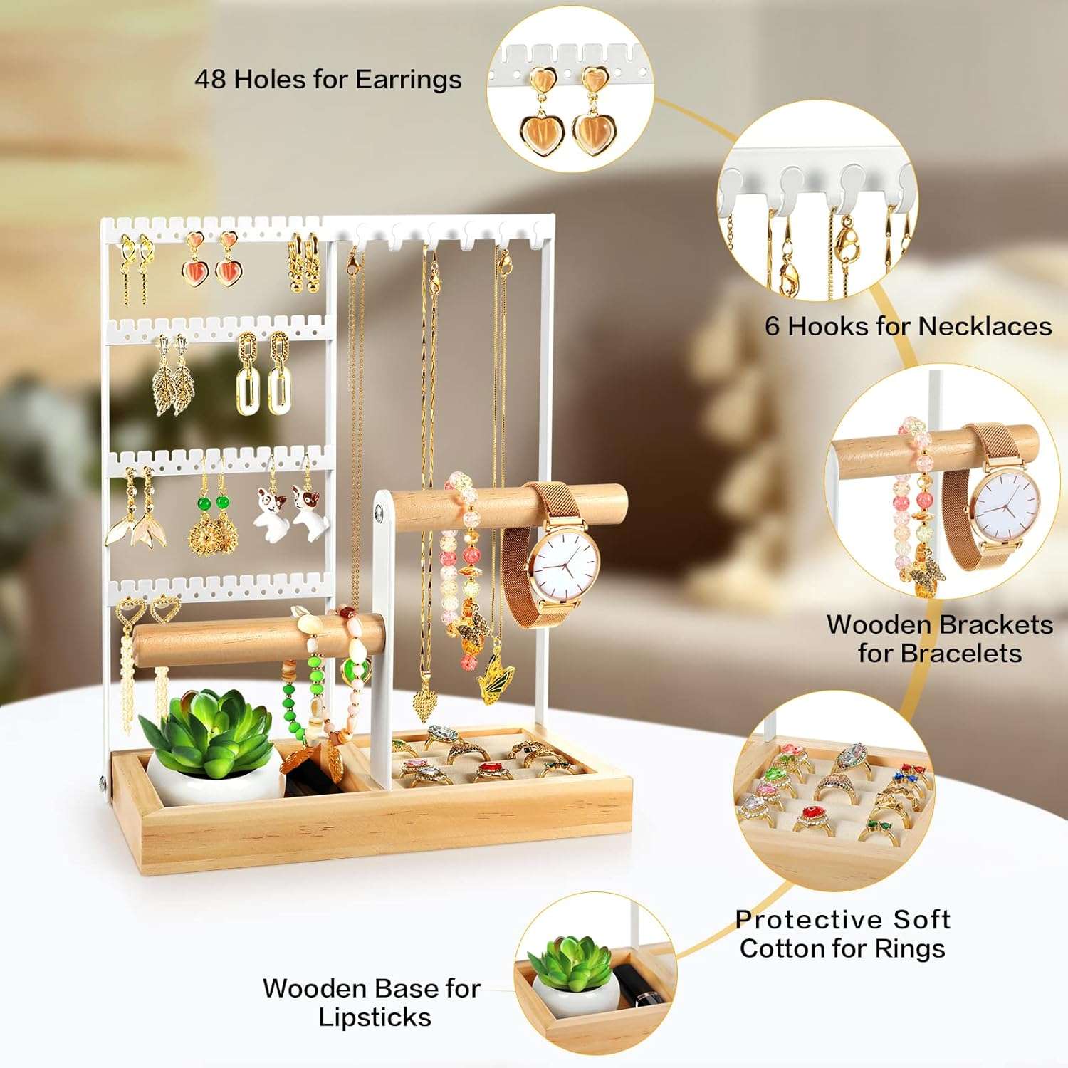 Godboat Jewelry Organizer, 4-Tier Earring Holder Organizer with 48 Holes, 6 Hooks Necklace Organizer, Wood Box for Bracelet & Ring, Mothers Day Gifts for Women, Cool Preppy Stuff & Room Decor - 5