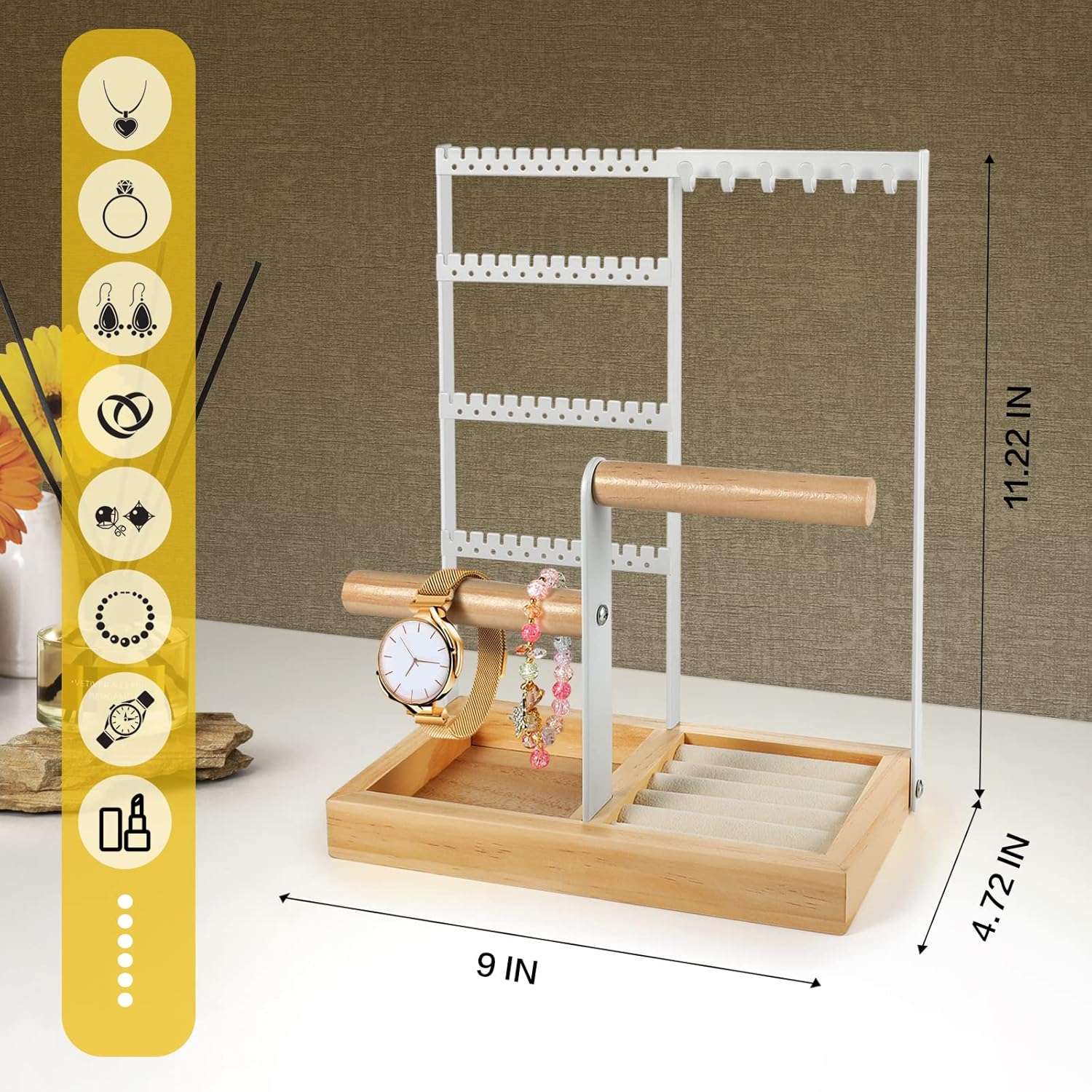Godboat Jewelry Organizer, 4-Tier Earring Holder Organizer with 48 Holes, 6 Hooks Necklace Organizer, Wood Box for Bracelet & Ring, Mothers Day Gifts for Women, Cool Preppy Stuff & Room Decor - 6