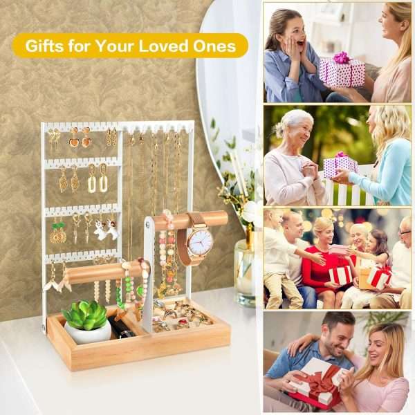 Godboat Jewelry Organizer, 4-Tier Earring Holder Organizer with 48 Holes, 6 Hooks Necklace Organizer, Wood Box for Bracelet & Ring, Mothers Day Gifts for Women, Cool Preppy Stuff & Room Decor - 7