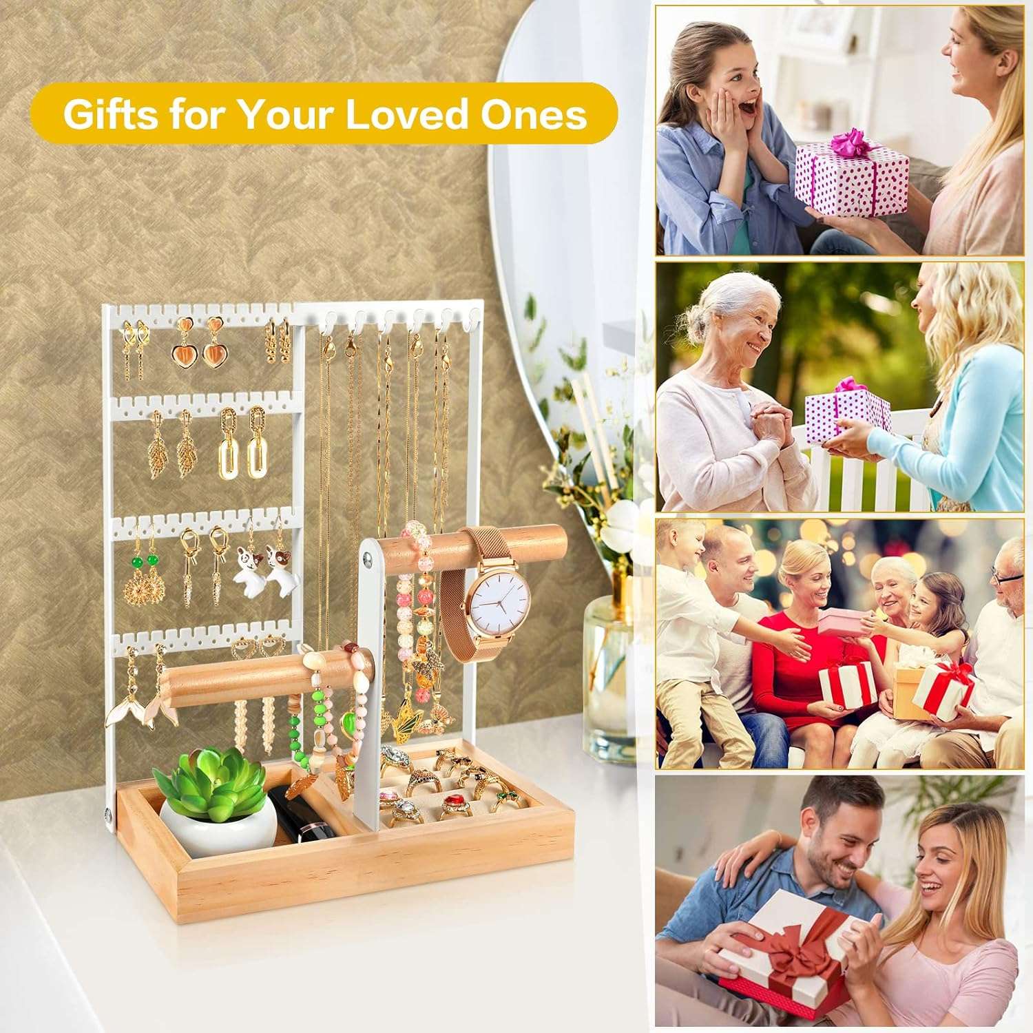 Godboat Jewelry Organizer, 4-Tier Earring Holder Organizer with 48 Holes, 6 Hooks Necklace Organizer, Wood Box for Bracelet & Ring, Mothers Day Gifts for Women, Cool Preppy Stuff & Room Decor - 7