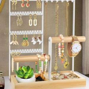 Godboat Jewelry Organizer, 4-Tier Earring Holder Organizer with 48 Holes, 6 Hooks Necklace Organizer, Wood Box for Bracelet & Ring, Mothers Day Gifts for Women, Cool Preppy Stuff & Room Decor - 8