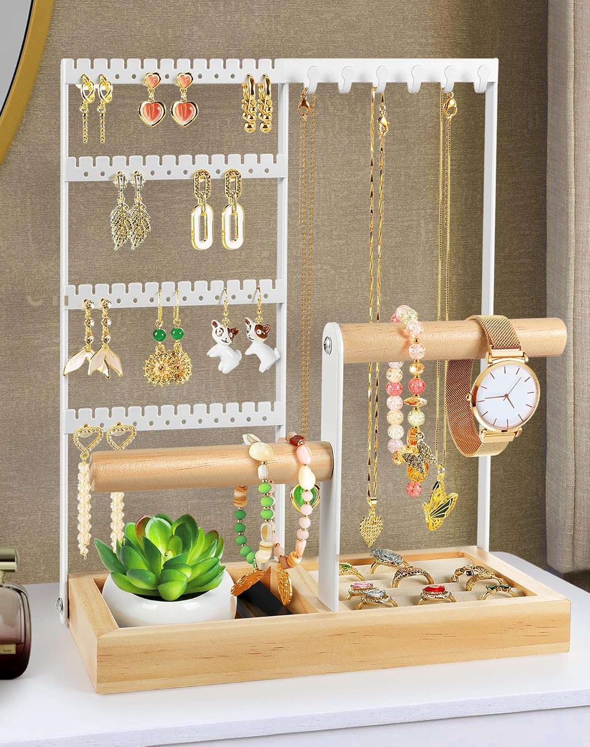 Godboat Jewelry Organizer, 4-Tier Earring Holder Organizer with 48 Holes, 6 Hooks Necklace Organizer, Wood Box for Bracelet & Ring, Mothers Day Gifts for Women, Cool Preppy Stuff & Room Decor - 8