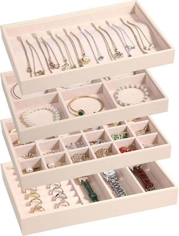 LANDICI Stackable Jewelry Organizer Trays 4 Set,PU Leather Jewelry Storage Holder for Drawer Inserts,Jewellery Display Case Box for Earring Necklace Rings Bracelet with Removable Dividers,Apricot - 1