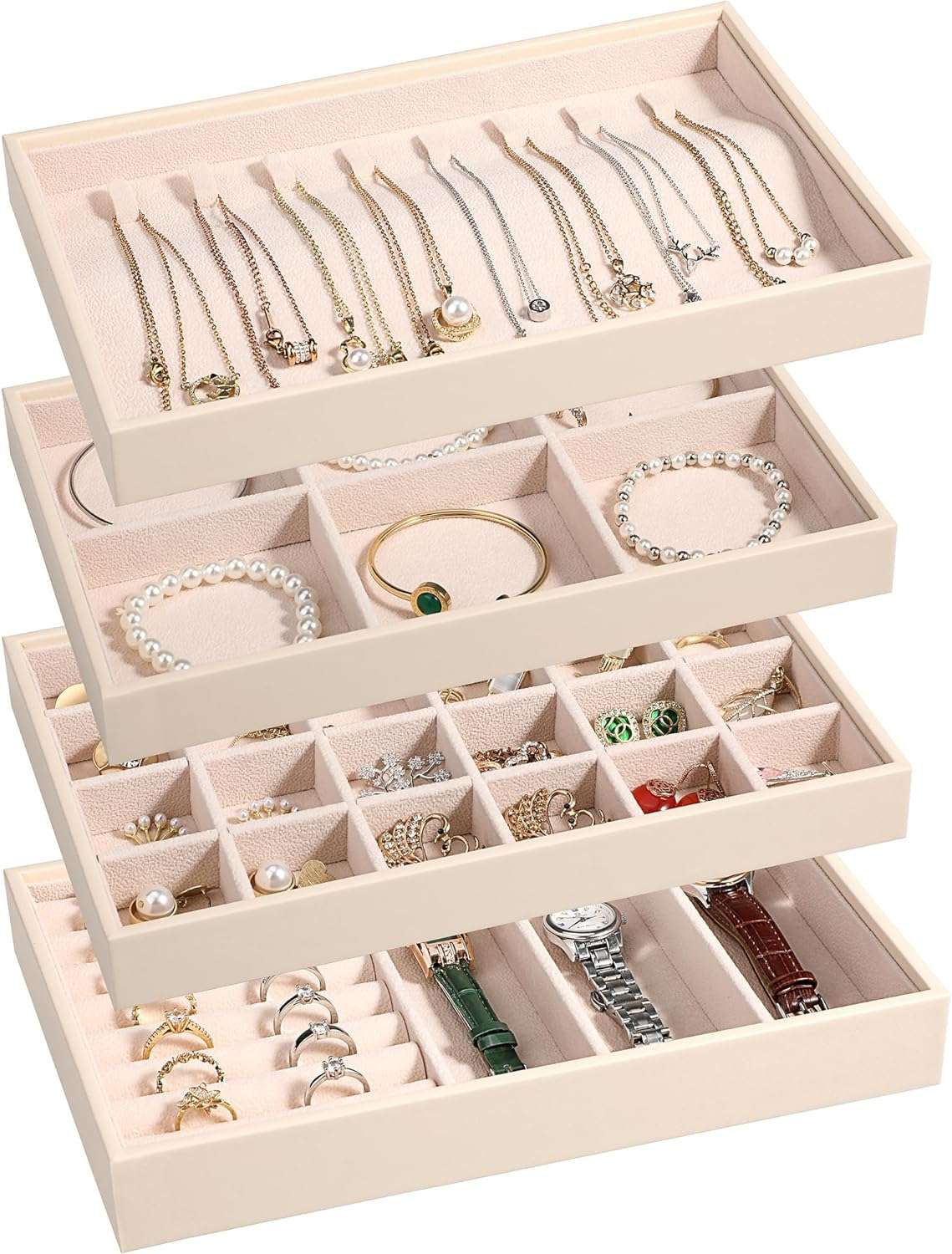 LANDICI Stackable Jewelry Organizer Trays 4 Set,PU Leather Jewelry Storage Holder for Drawer Inserts,Jewellery Display Case Box for Earring Necklace Rings Bracelet with Removable Dividers,Apricot - 1