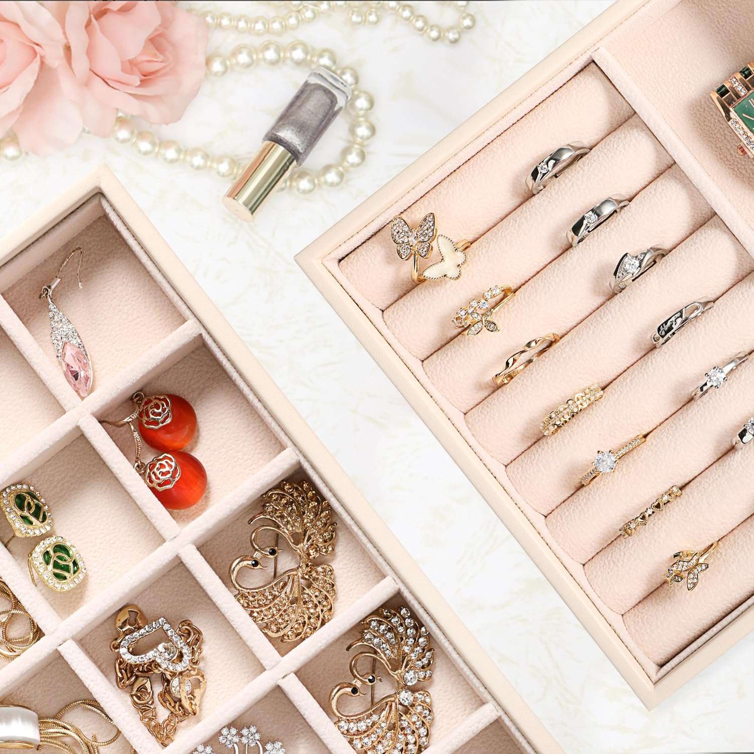 LANDICI Stackable Jewelry Organizer Trays 4 Set,PU Leather Jewelry Storage Holder for Drawer Inserts,Jewellery Display Case Box for Earring Necklace Rings Bracelet with Removable Dividers,Apricot - 3