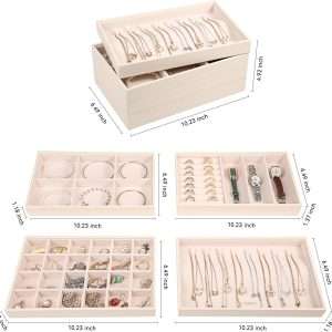 LANDICI Stackable Jewelry Organizer Trays 4 Set,PU Leather Jewelry Storage Holder for Drawer Inserts,Jewellery Display Case Box for Earring Necklace Rings Bracelet with Removable Dividers,Apricot - 4