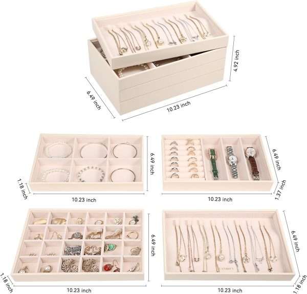 LANDICI Stackable Jewelry Organizer Trays 4 Set,PU Leather Jewelry Storage Holder for Drawer Inserts,Jewellery Display Case Box for Earring Necklace Rings Bracelet with Removable Dividers,Apricot - 4