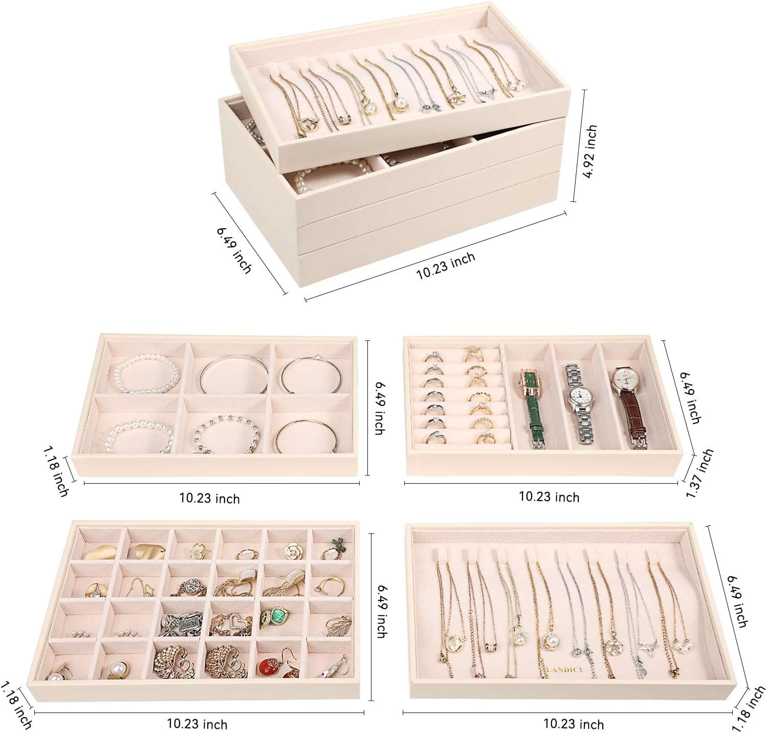 LANDICI Stackable Jewelry Organizer Trays 4 Set,PU Leather Jewelry Storage Holder for Drawer Inserts,Jewellery Display Case Box for Earring Necklace Rings Bracelet with Removable Dividers,Apricot - 4