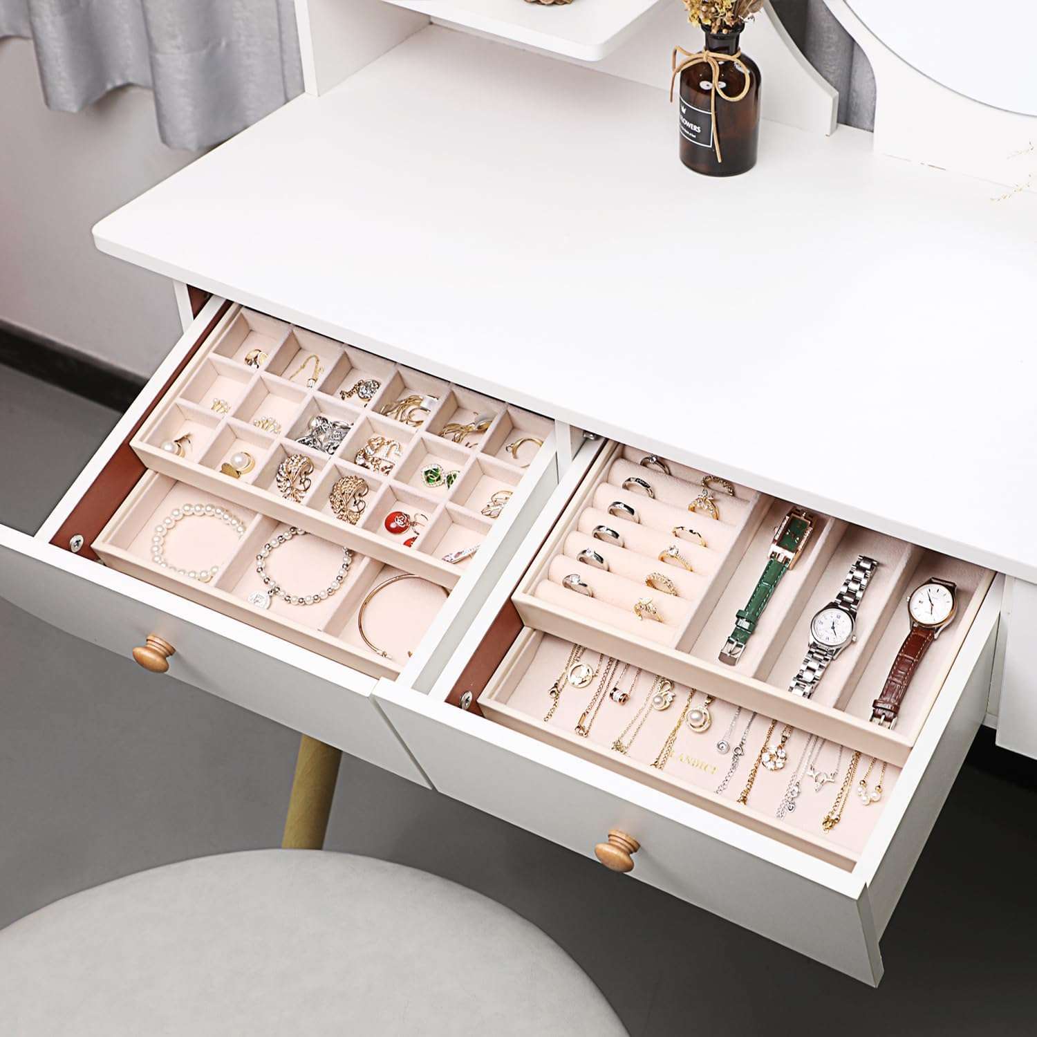LANDICI Stackable Jewelry Organizer Trays 4 Set,PU Leather Jewelry Storage Holder for Drawer Inserts,Jewellery Display Case Box for Earring Necklace Rings Bracelet with Removable Dividers,Apricot - 6