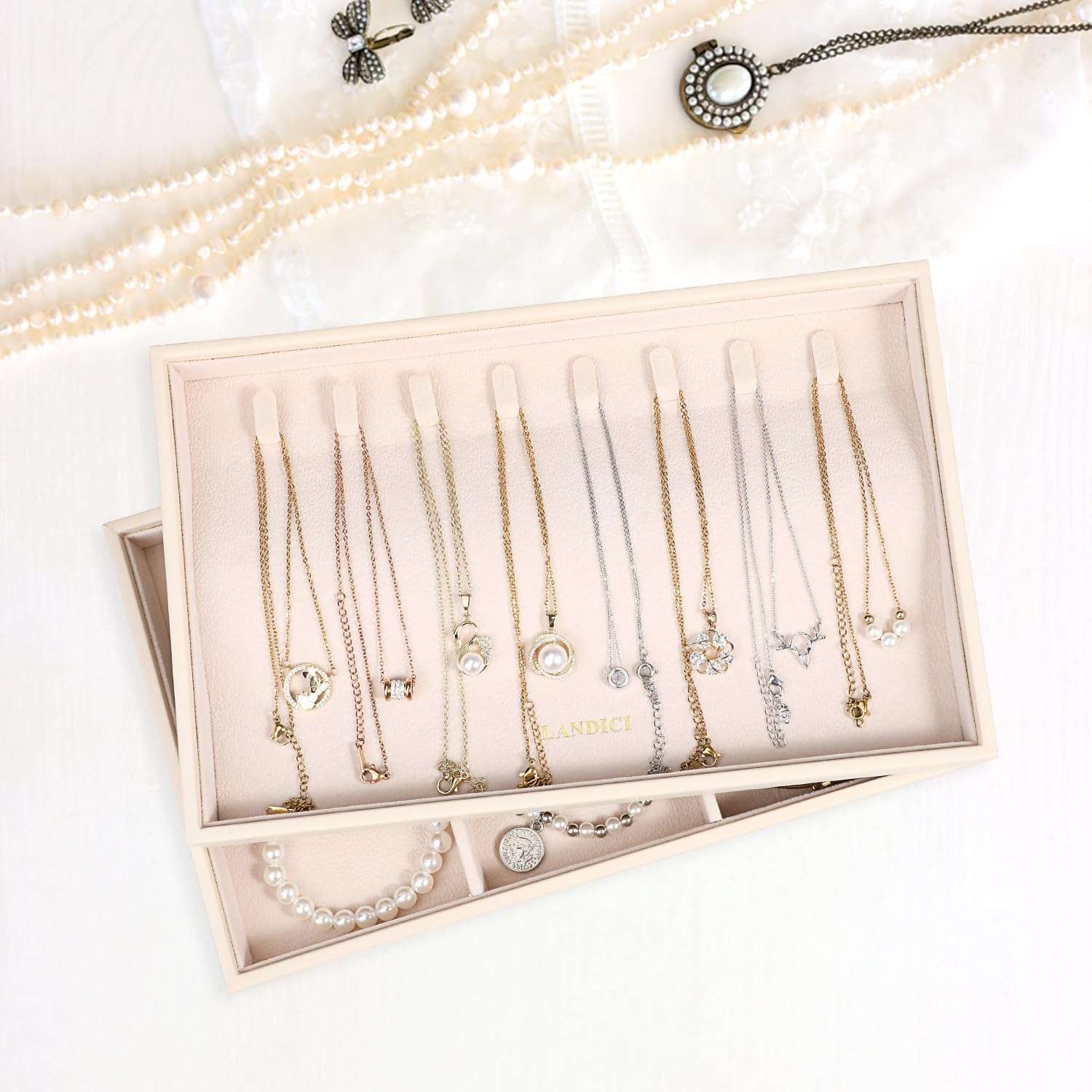 LANDICI Stackable Jewelry Organizer Trays 4 Set,PU Leather Jewelry Storage Holder for Drawer Inserts,Jewellery Display Case Box for Earring Necklace Rings Bracelet with Removable Dividers,Apricot - 7