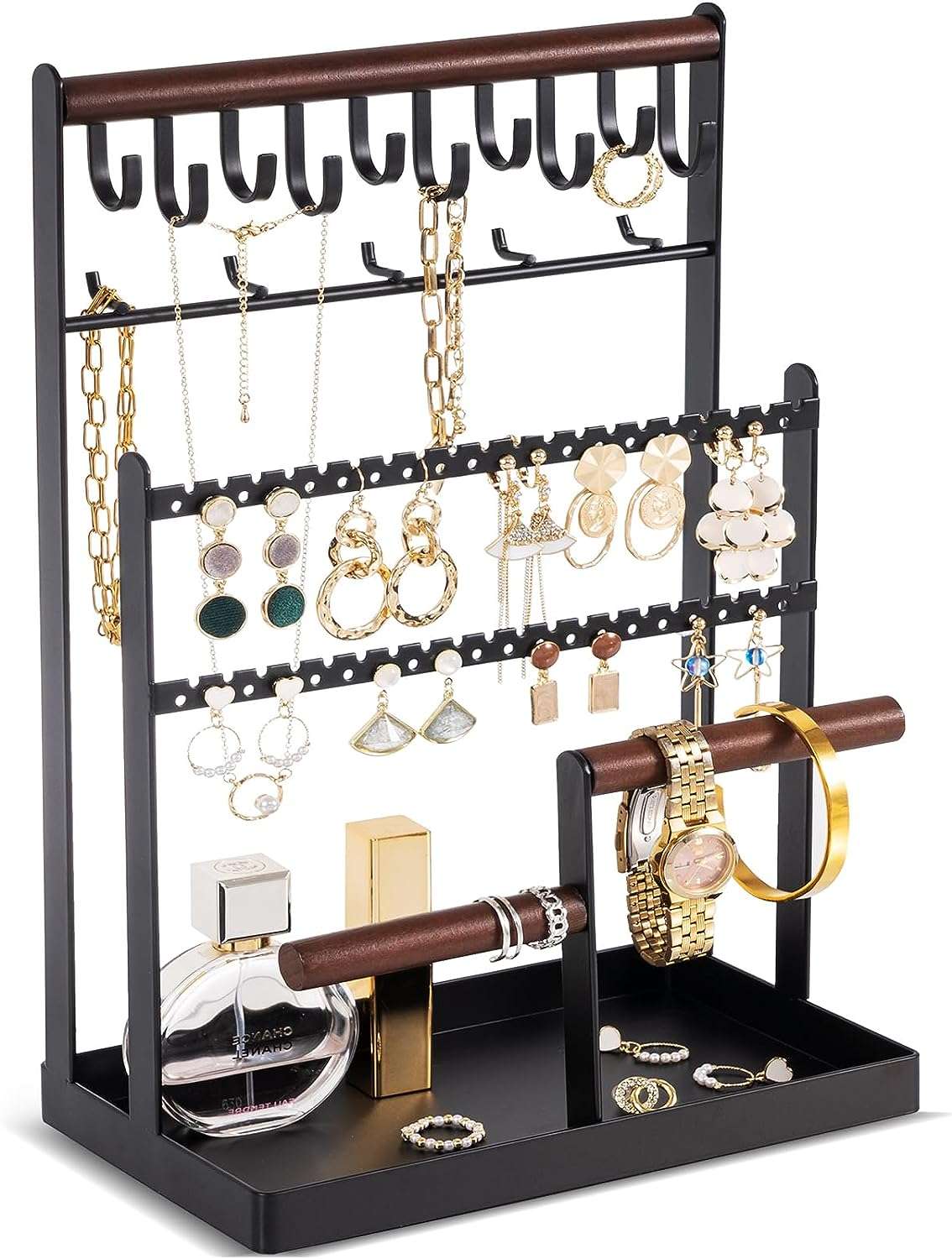 ProCase Jewelry Organizer Stand Necklace Organizer Earring Holder, 6 Tier Jewelry Stand Necklace Holder with 15 Hooks, Jewelry Tower Display Rack Storage Tree for Bracelets Earrings Rings -Black - 1