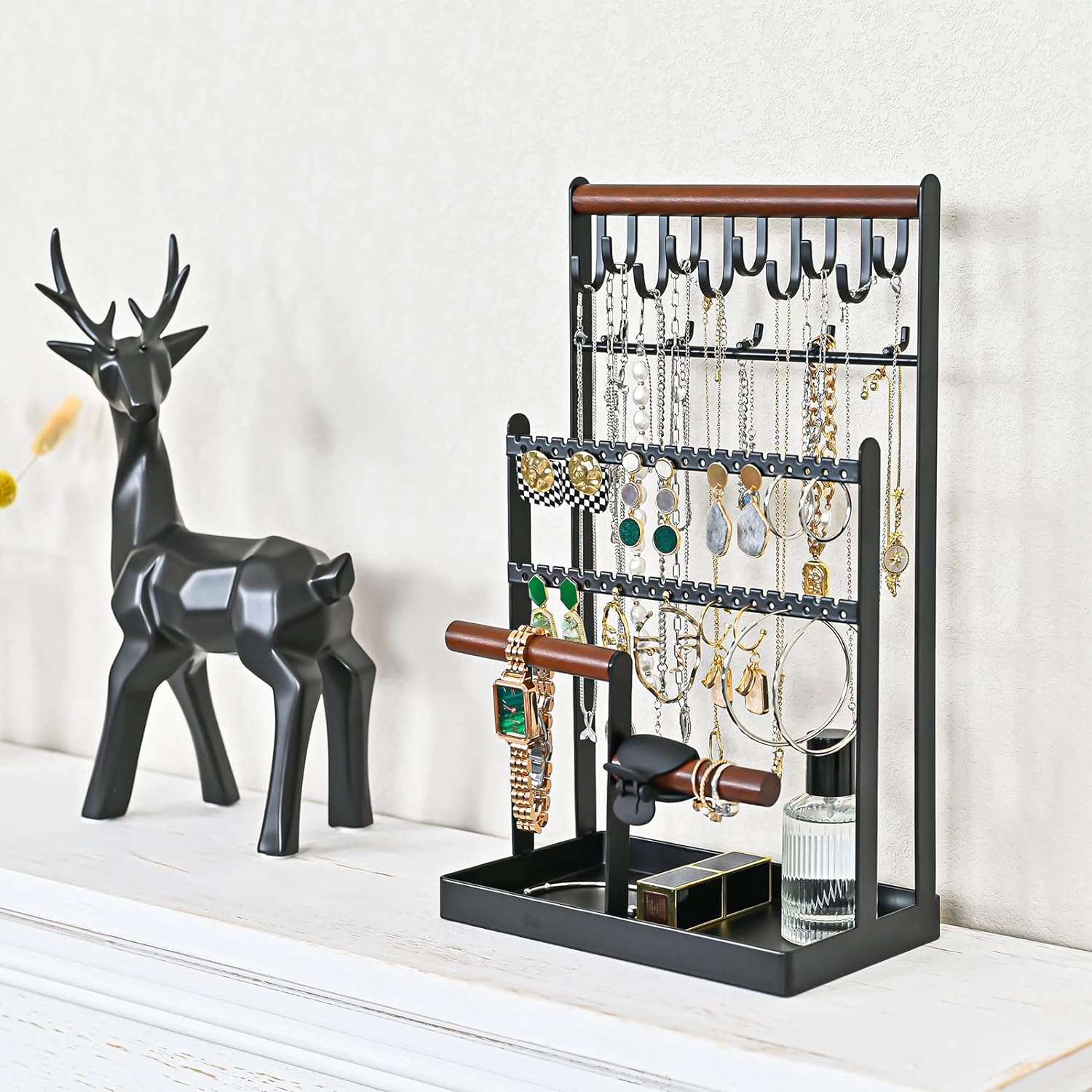 ProCase Jewelry Organizer Stand Necklace Organizer Earring Holder, 6 Tier Jewelry Stand Necklace Holder with 15 Hooks, Jewelry Tower Display Rack Storage Tree for Bracelets Earrings Rings -Black - 2