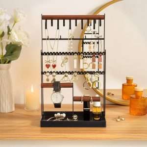 ProCase Jewelry Organizer Stand Necklace Organizer Earring Holder, 6 Tier Jewelry Stand Necklace Holder with 15 Hooks, Jewelry Tower Display Rack Storage Tree for Bracelets Earrings Rings -Black - 3