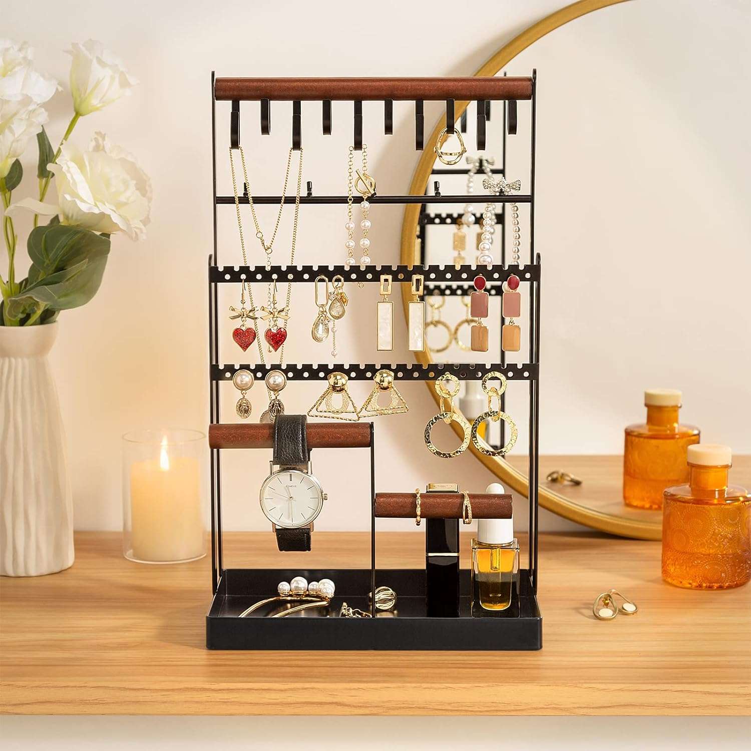 ProCase Jewelry Organizer Stand Necklace Organizer Earring Holder, 6 Tier Jewelry Stand Necklace Holder with 15 Hooks, Jewelry Tower Display Rack Storage Tree for Bracelets Earrings Rings -Black - 3