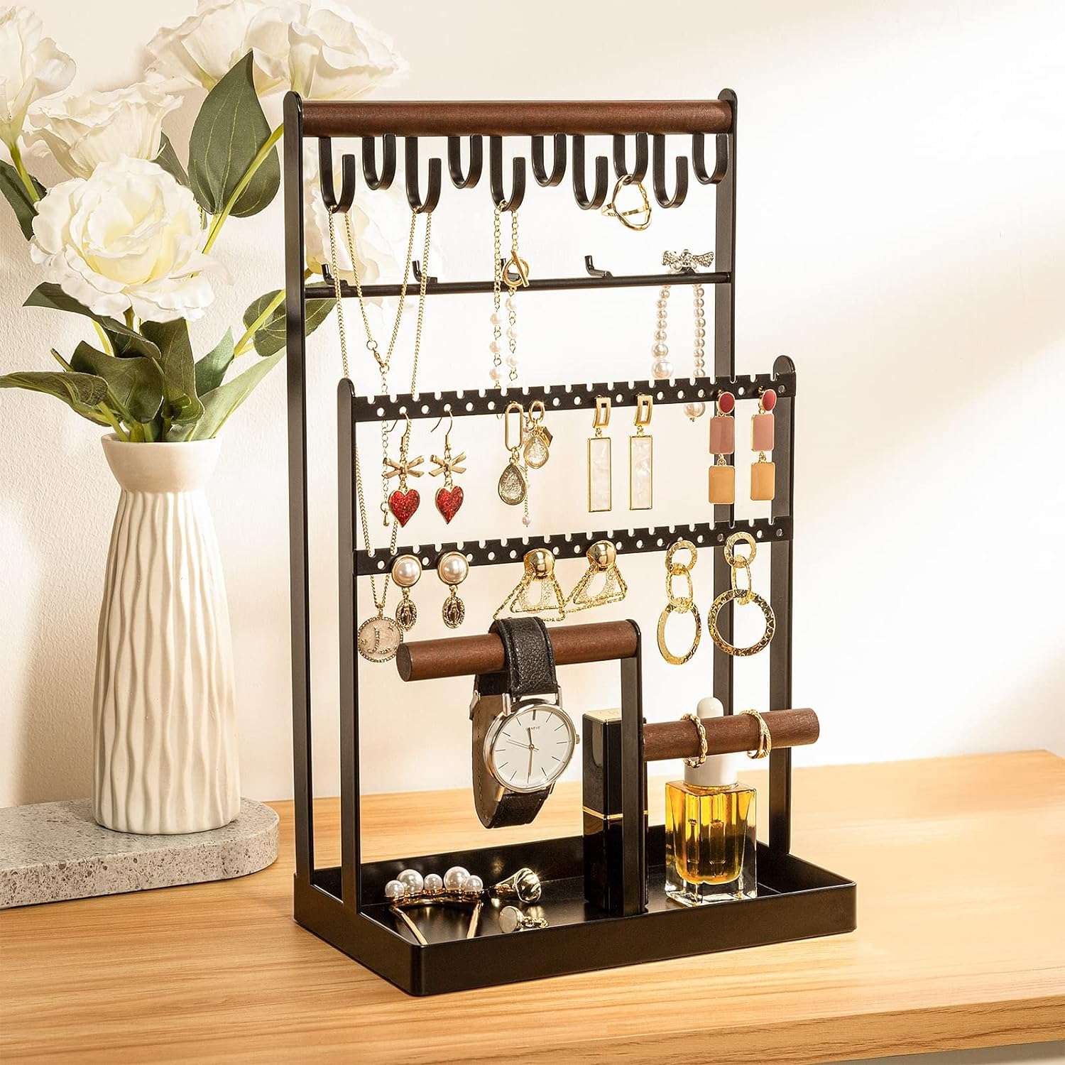 ProCase Jewelry Organizer Stand Necklace Organizer Earring Holder, 6 Tier Jewelry Stand Necklace Holder with 15 Hooks, Jewelry Tower Display Rack Storage Tree for Bracelets Earrings Rings -Black - 7