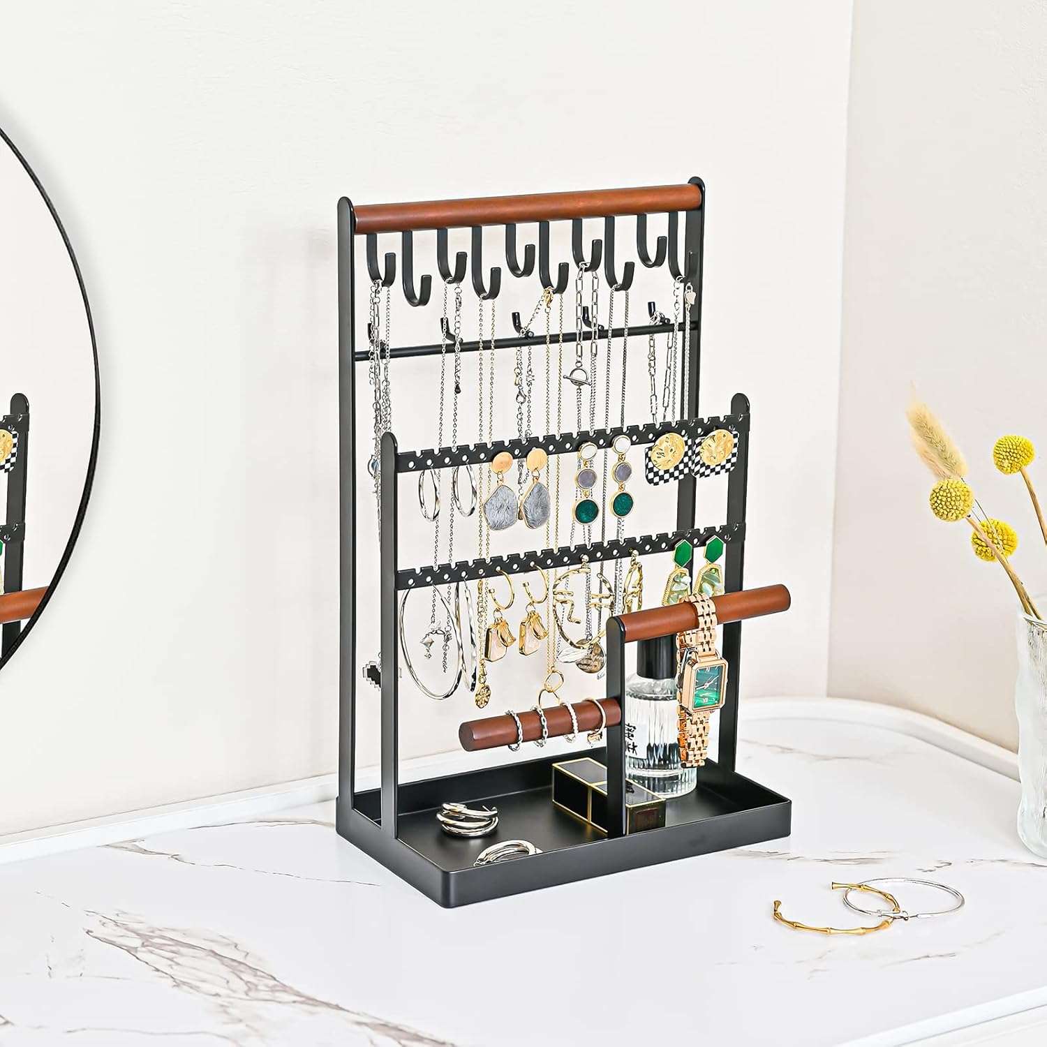 ProCase Jewelry Organizer Stand Necklace Organizer Earring Holder, 6 Tier Jewelry Stand Necklace Holder with 15 Hooks, Jewelry Tower Display Rack Storage Tree for Bracelets Earrings Rings -Black - 8