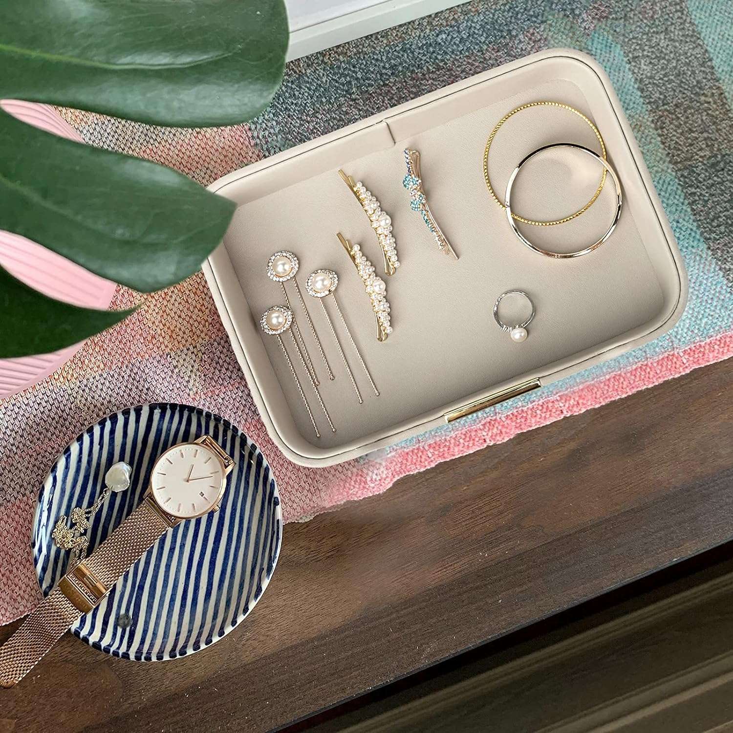 SANZIE Luxury Leather Tray Desktop Storage Small Catchall Organizer Decorative Tray for Entryway Table to hold Jewelry Watch Keys Phone Wallet - 6