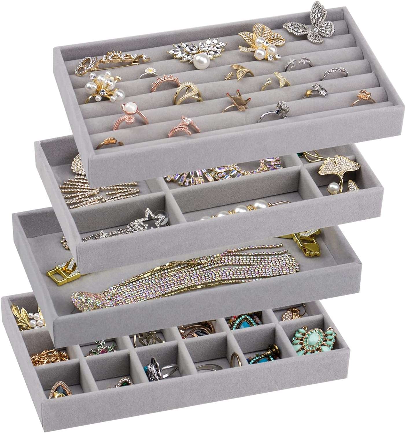 Stackable Velvet Jewelry Trays Organizer for Drawers, Small Jewelry Drawer Organizer Display Tray for Earring Ring Watch Bangle Bracelet Necklace, Set of 4, Gray - 1
