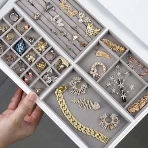 Stackable Velvet Jewelry Trays Organizer for Drawers, Small Jewelry Drawer Organizer Display Tray for Earring Ring Watch Bangle Bracelet Necklace, Set of 4, Gray - 2