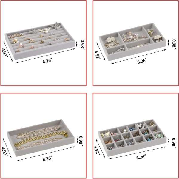 Stackable Velvet Jewelry Trays Organizer for Drawers, Small Jewelry Drawer Organizer Display Tray for Earring Ring Watch Bangle Bracelet Necklace, Set of 4, Gray - 3