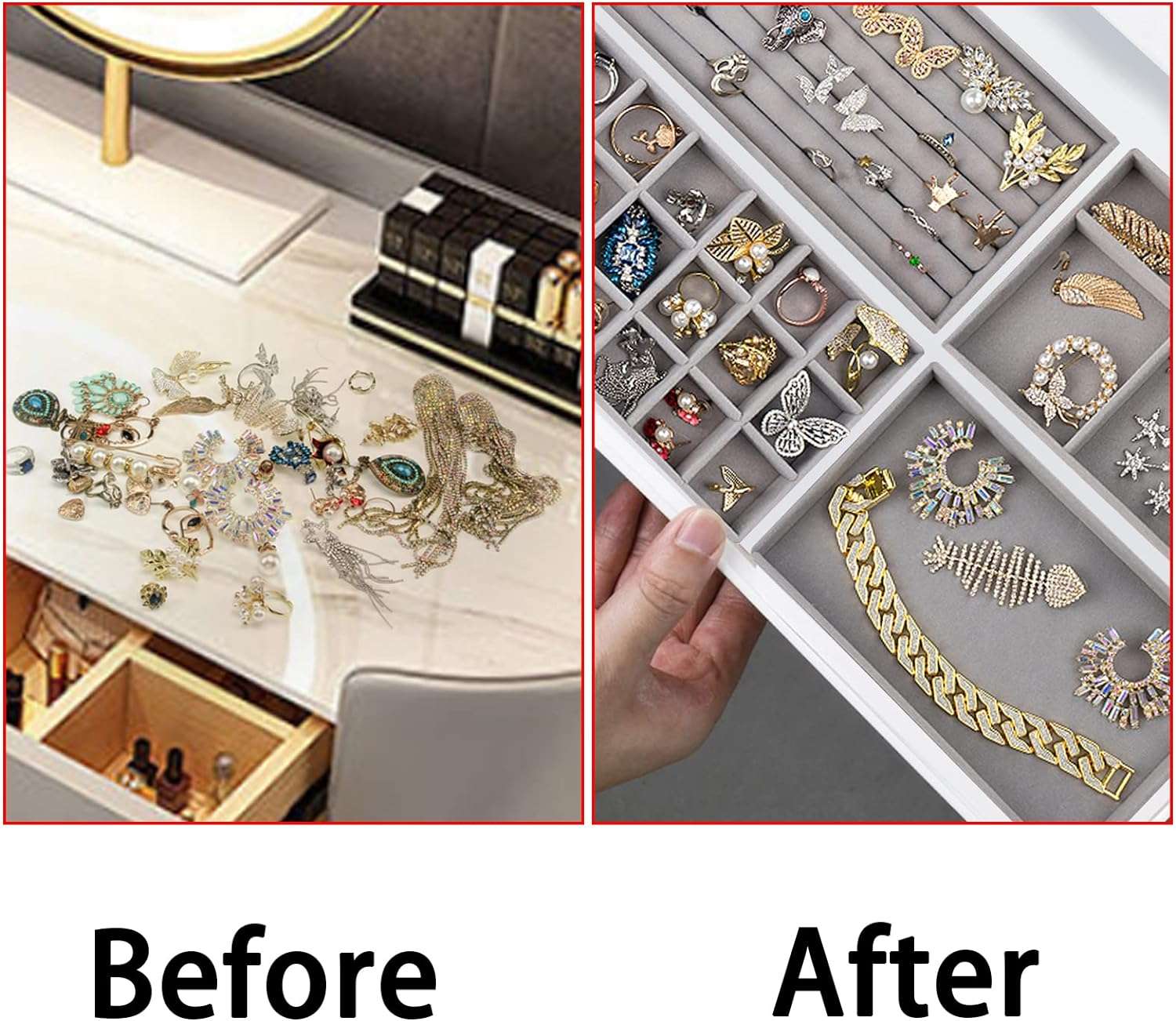 Stackable Velvet Jewelry Trays Organizer for Drawers, Small Jewelry Drawer Organizer Display Tray for Earring Ring Watch Bangle Bracelet Necklace, Set of 4, Gray - 4