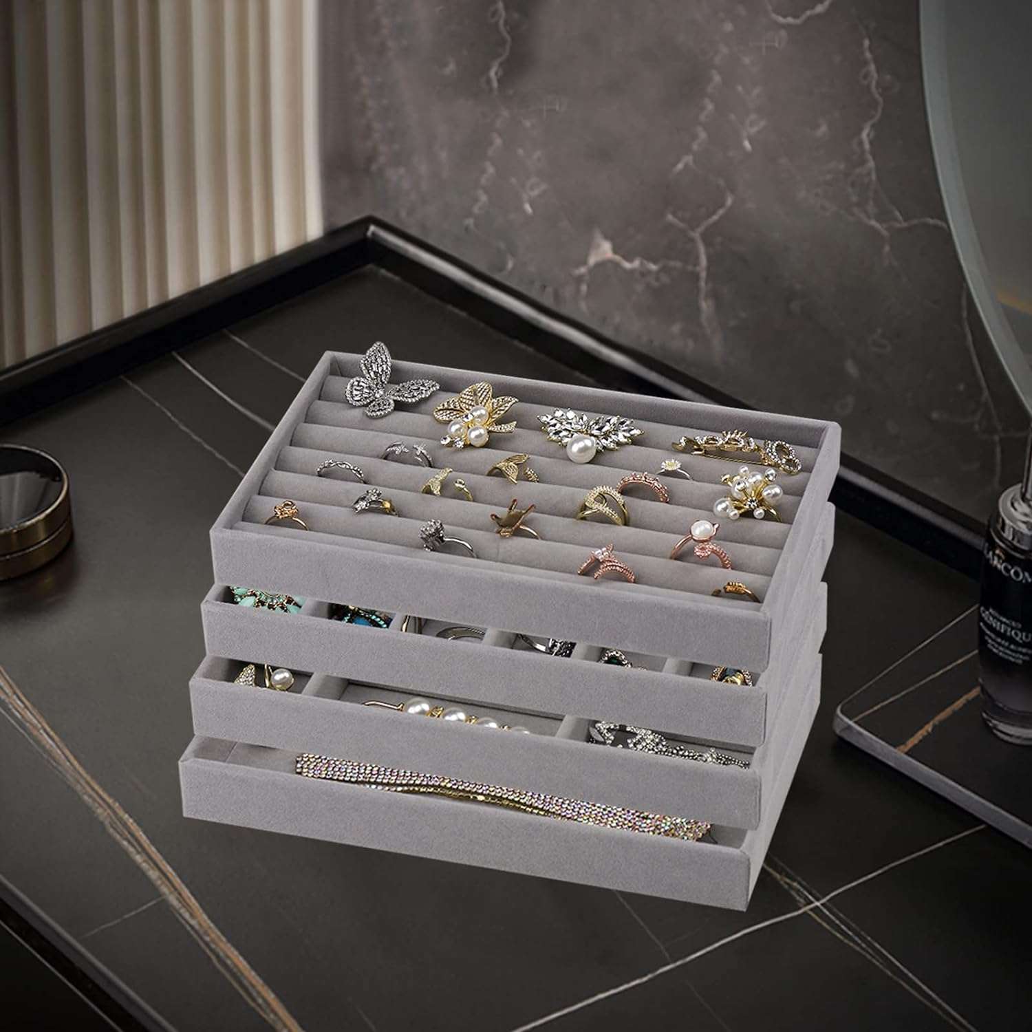 Stackable Velvet Jewelry Trays Organizer for Drawers, Small Jewelry Drawer Organizer Display Tray for Earring Ring Watch Bangle Bracelet Necklace, Set of 4, Gray - 5