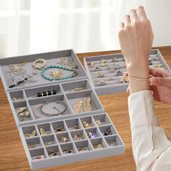 Stackable Velvet Jewelry Trays Organizer for Drawers, Small Jewelry Drawer Organizer Display Tray for Earring Ring Watch Bangle Bracelet Necklace, Set of 4, Gray - 6