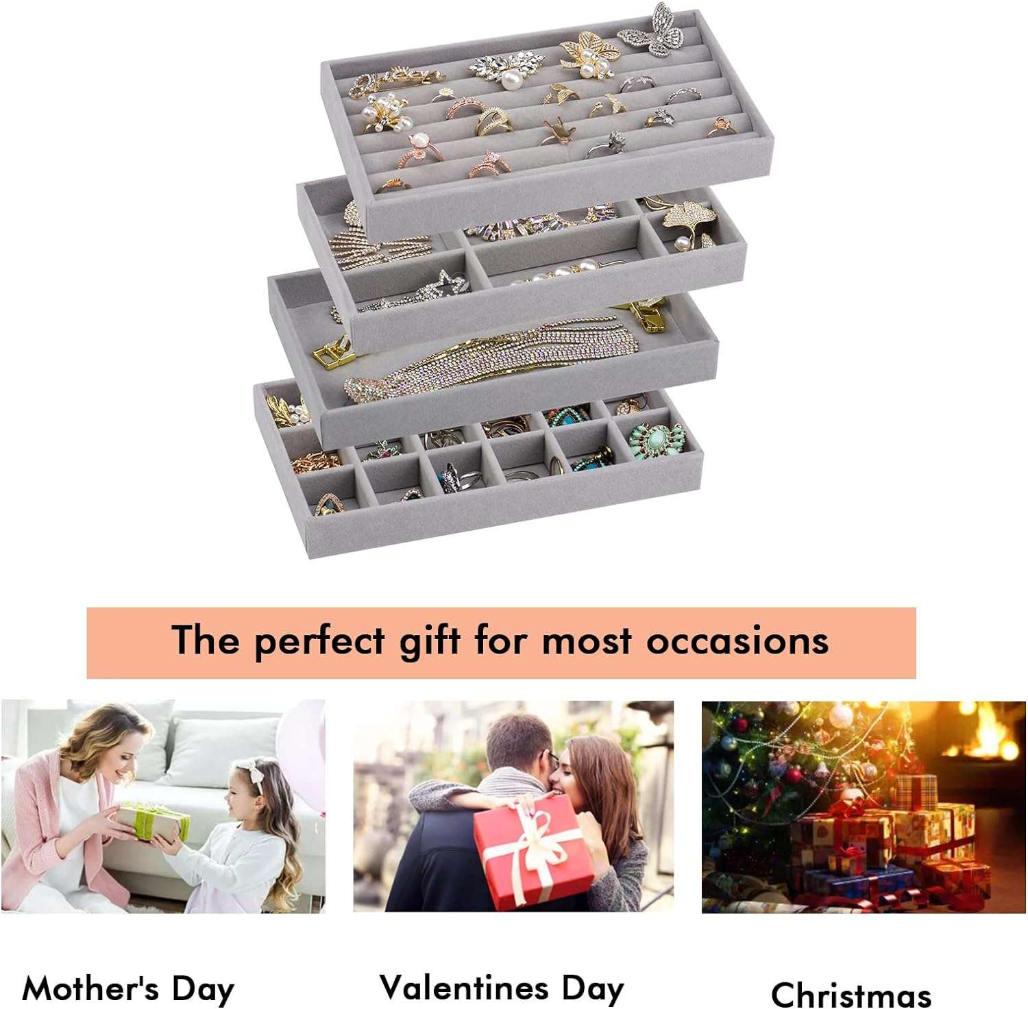 Stackable Velvet Jewelry Trays Organizer for Drawers, Small Jewelry Drawer Organizer Display Tray for Earring Ring Watch Bangle Bracelet Necklace, Set of 4, Gray - 7