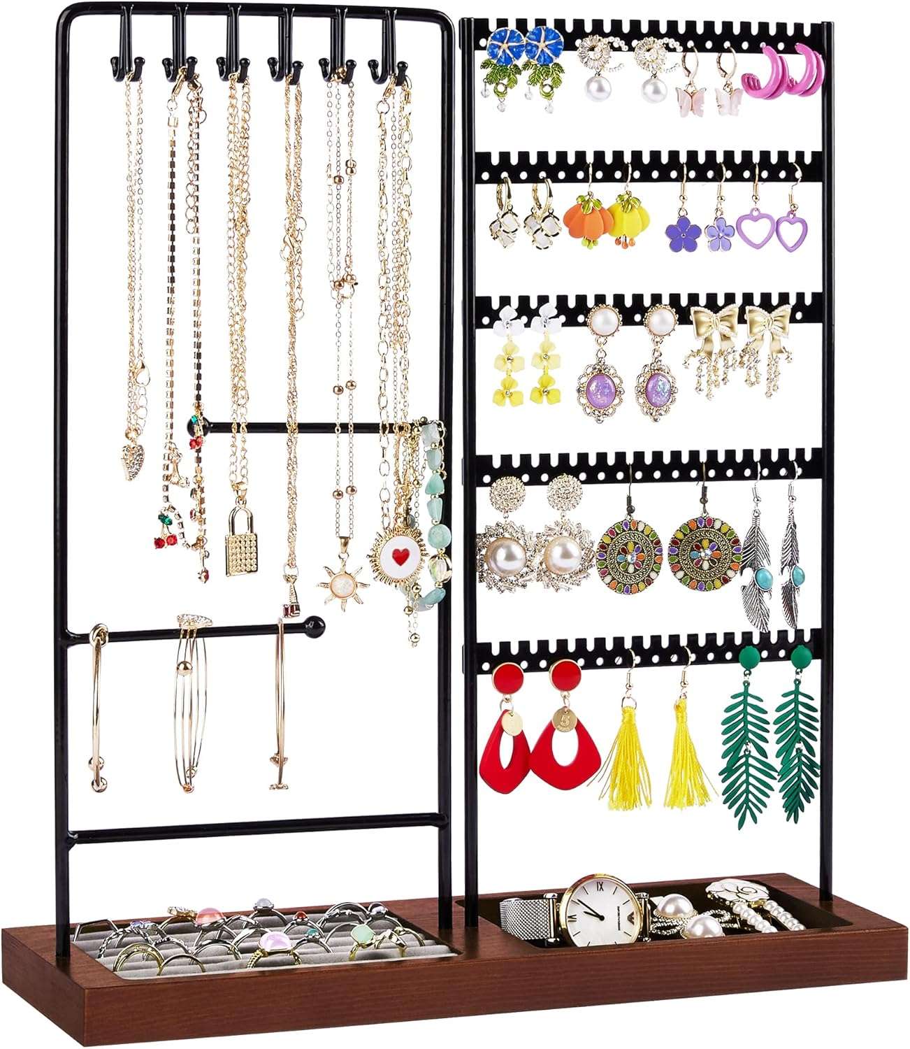 Vtopmart Jewelry Holder Organizer Stand Tree for Earring Necklace Ring Bracelets Display and Storage, with 90 Holes, 12 Hooks, Ring Tray, Black+ Walnut - 1