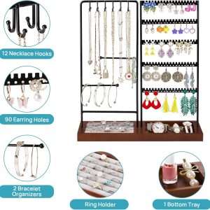 Vtopmart Jewelry Holder Organizer Stand Tree for Earring Necklace Ring Bracelets Display and Storage, with 90 Holes, 12 Hooks, Ring Tray, Black+ Walnut - 2