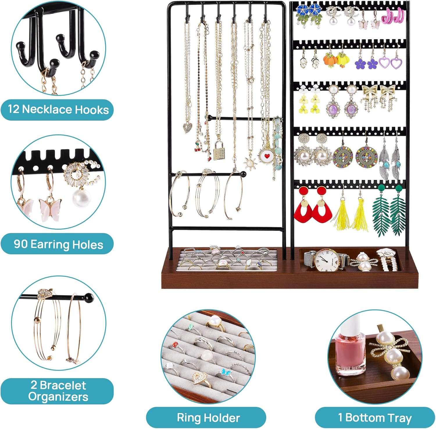 Vtopmart Jewelry Holder Organizer Stand Tree for Earring Necklace Ring Bracelets Display and Storage, with 90 Holes, 12 Hooks, Ring Tray, Black+ Walnut - 2