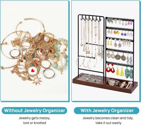 Vtopmart Jewelry Holder Organizer Stand Tree for Earring Necklace Ring Bracelets Display and Storage, with 90 Holes, 12 Hooks, Ring Tray, Black+ Walnut - 3