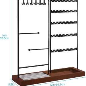 Vtopmart Jewelry Holder Organizer Stand Tree for Earring Necklace Ring Bracelets Display and Storage, with 90 Holes, 12 Hooks, Ring Tray, Black+ Walnut - 4