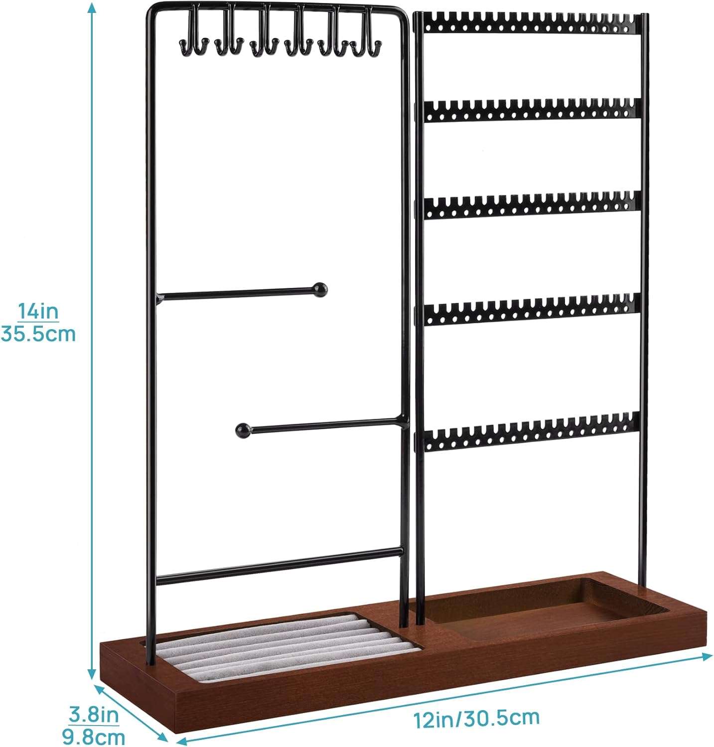 Vtopmart Jewelry Holder Organizer Stand Tree for Earring Necklace Ring Bracelets Display and Storage, with 90 Holes, 12 Hooks, Ring Tray, Black+ Walnut - 4