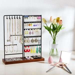 Vtopmart Jewelry Holder Organizer Stand Tree for Earring Necklace Ring Bracelets Display and Storage, with 90 Holes, 12 Hooks, Ring Tray, Black+ Walnut - 5