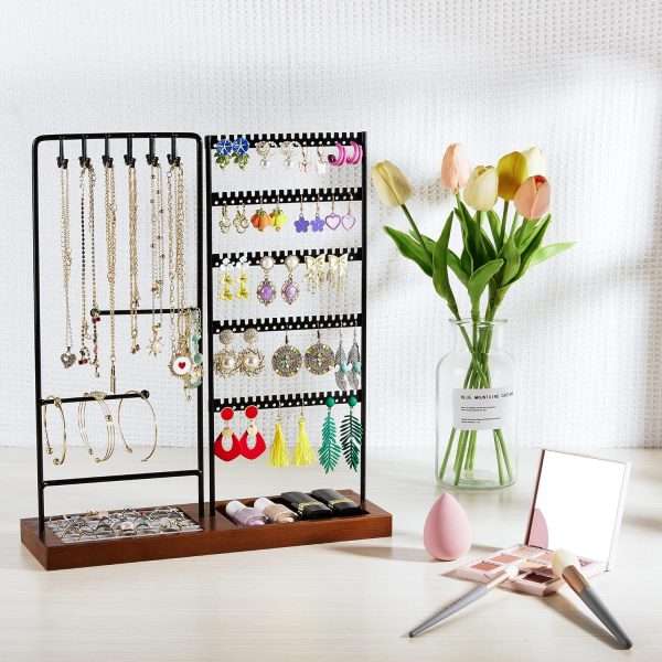 Vtopmart Jewelry Holder Organizer Stand Tree for Earring Necklace Ring Bracelets Display and Storage, with 90 Holes, 12 Hooks, Ring Tray, Black+ Walnut - 5