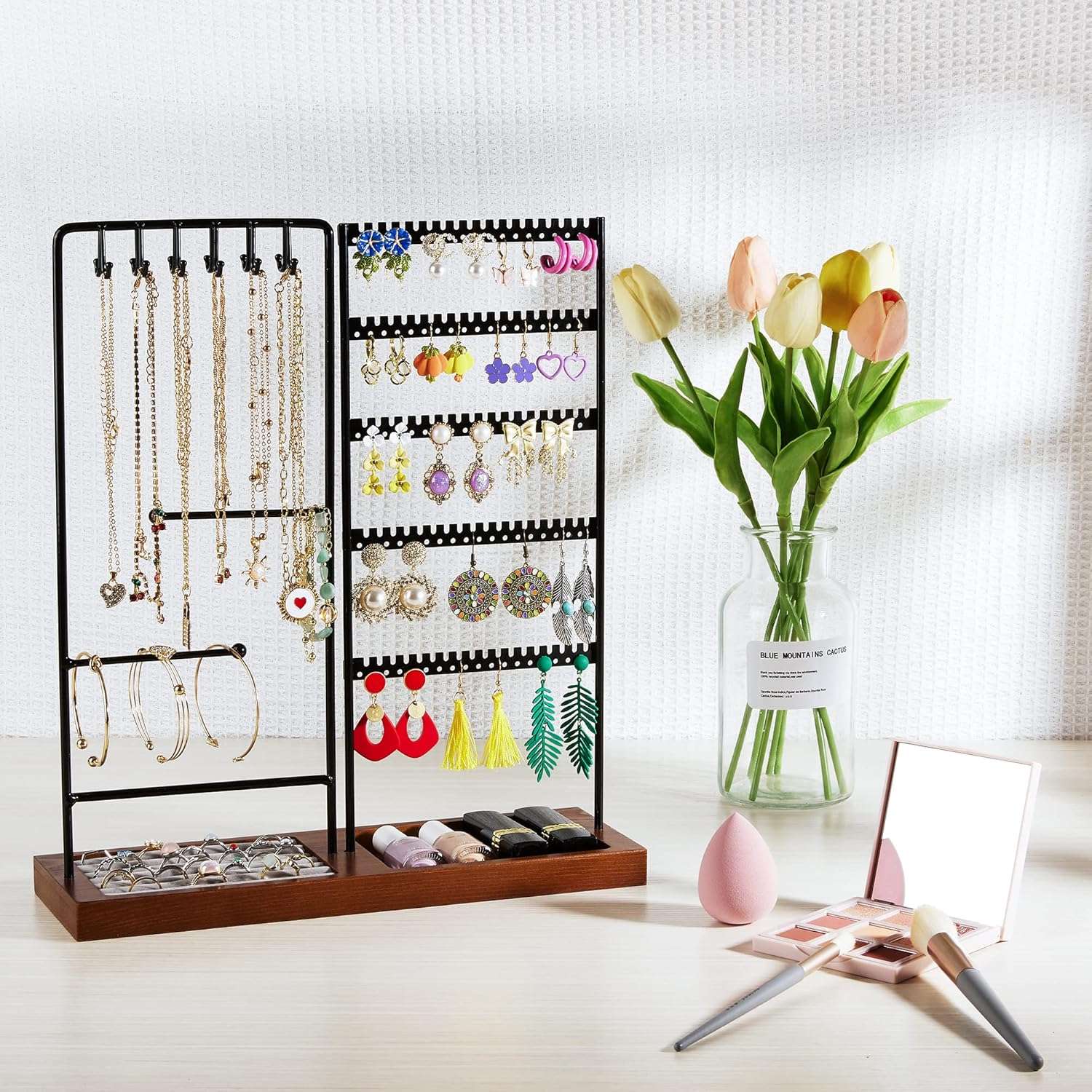 Vtopmart Jewelry Holder Organizer Stand Tree for Earring Necklace Ring Bracelets Display and Storage, with 90 Holes, 12 Hooks, Ring Tray, Black+ Walnut - 5
