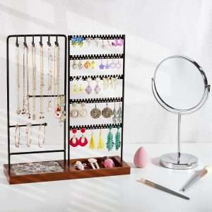 Vtopmart Jewelry Holder Organizer Stand Tree for Earring Necklace Ring Bracelets Display and Storage, with 90 Holes, 12 Hooks, Ring Tray, Black+ Walnut - 6