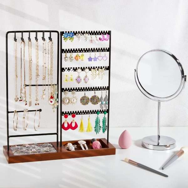 Vtopmart Jewelry Holder Organizer Stand Tree for Earring Necklace Ring Bracelets Display and Storage, with 90 Holes, 12 Hooks, Ring Tray, Black+ Walnut - 6