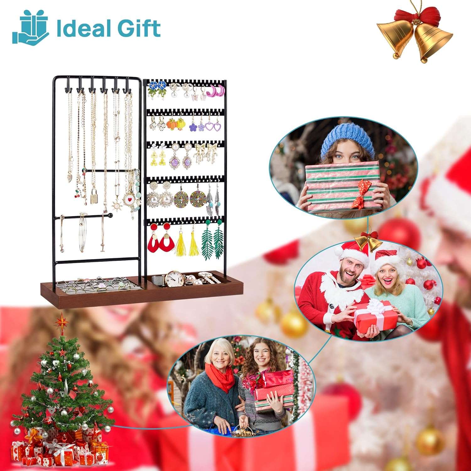 Vtopmart Jewelry Holder Organizer Stand Tree for Earring Necklace Ring Bracelets Display and Storage, with 90 Holes, 12 Hooks, Ring Tray, Black+ Walnut - 7